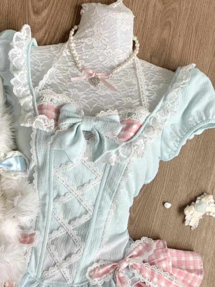 夏の和菓子風キュートなレディース outfits バブルスリーブトップス + 水玉模様ケーキスカート 原宿系ピュアデザイア スリムツーピースセット 2025