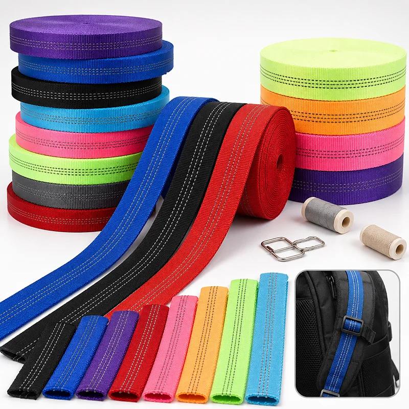 2-10M 25mm Reflective Nylon Webbing Tape Double-Layer Tubular Backpack Ribbon Pets Collar Safety Belt Strap Sewing Accessories