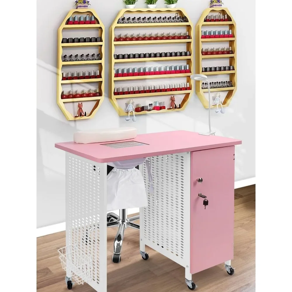 Manicure Nail Table, Mobile Nail Station with Nail Dust Collector, 4 Drawers, LED Lamps, Wrist Rest for Home Technician