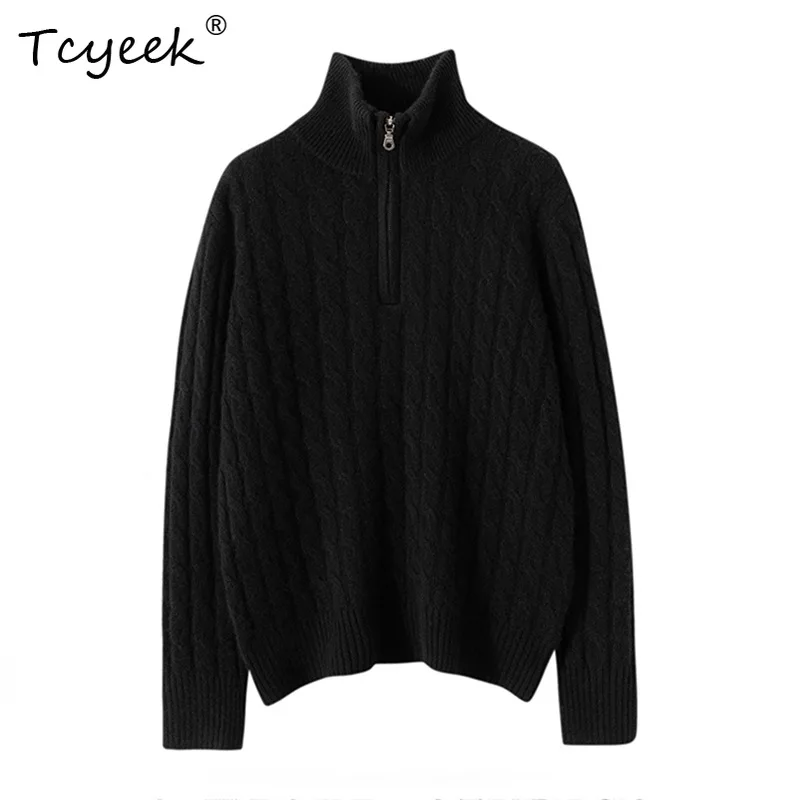

Tcyeek, 7G 100%Pure Cashmere Elegant Sweaters, Women Lapel Zipper, Fashion Casual Sweater, 2024 Autumn Winter Top T488103QC