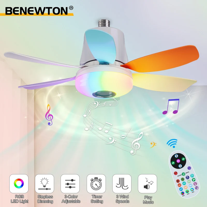 

RGB Smart Ceiling Fan E27 Base with Speaker Remote Control Dimming 100-240V Electric Fan Led Light for Bedroom Kitchen Lighting