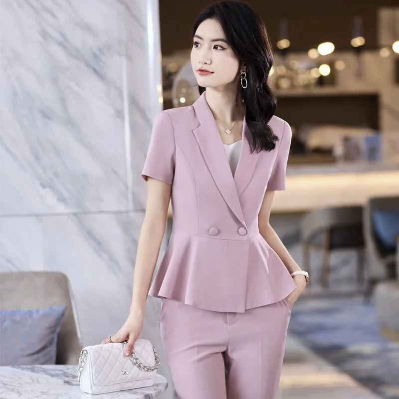

Профессиональный розовый костюм для женщин2025Летний тонкий модный элегантный костюм с короткими рукавами для спецодежды Рабочая одежда