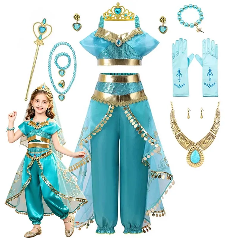 Ensemble de robe de cosplay princesse Jasmine Aladdin Disney pour filles, tenue de fête d'anniversaire, Halloween, carnaval