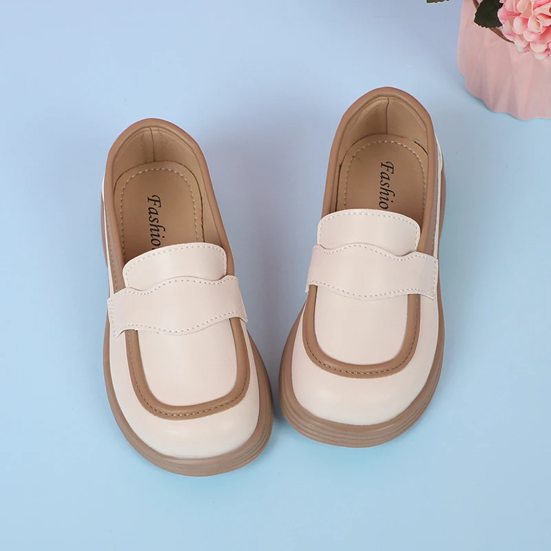 Children Leather Shoes 2023 Anti-skid Color Blocking Round-toe Simple Girls Shallow Loafers Slip on Kids Fashion Casual Shoes