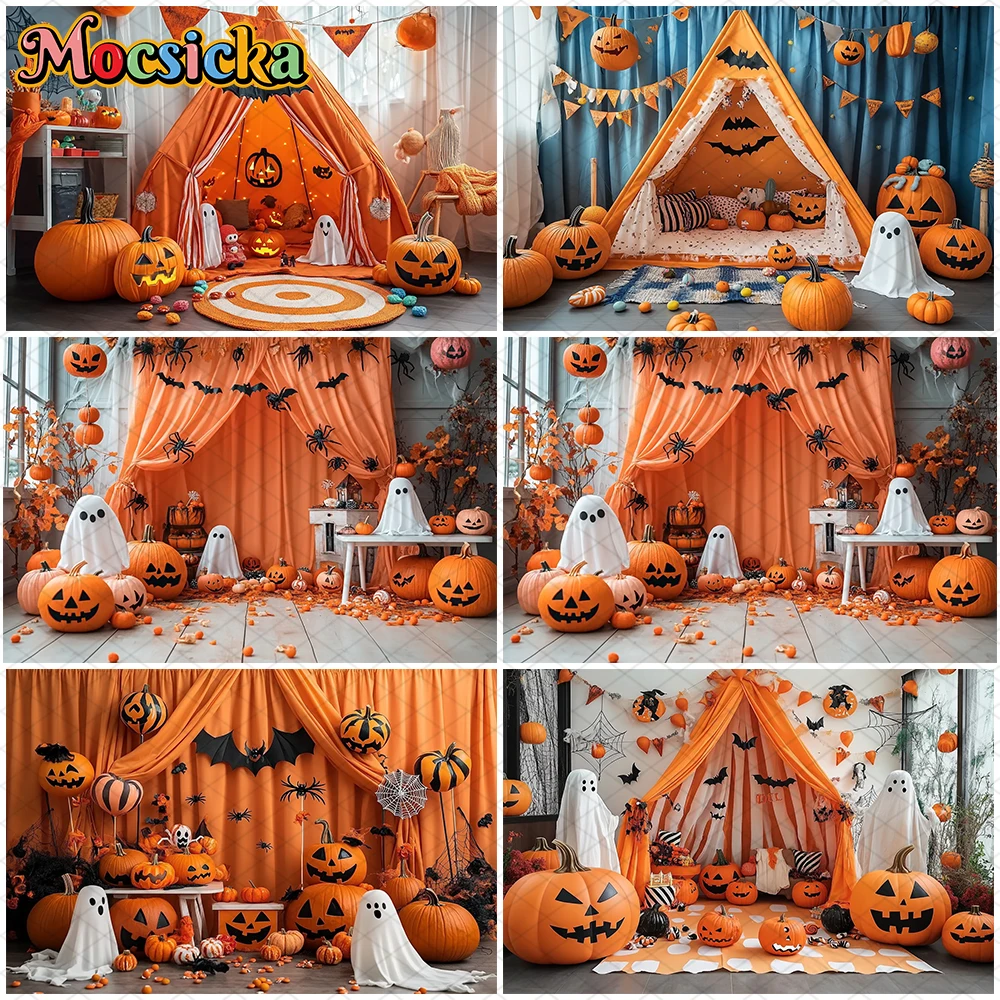 

Mocsicka Halloween Yellow Tent Background Pumpkin Party Backdrop Indoor Home Curtain Bat Spider Skeleton Demon Decoration Banner
