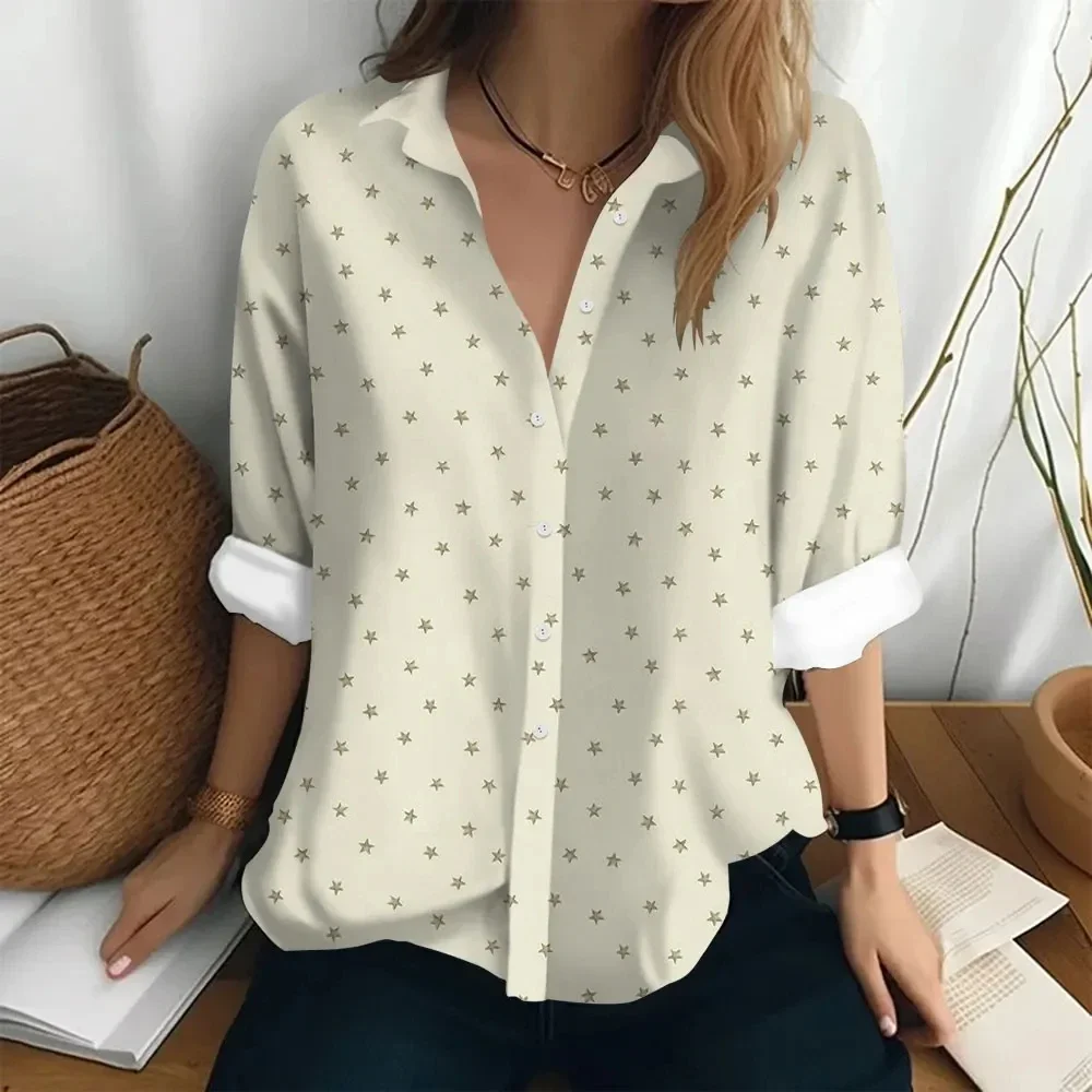 Women's Long Sleeve Shirt Fashionable Loose Lapel Button Up Garment Spot Print Top Elegant Party Shirt Women's Long Sleeve Shirt