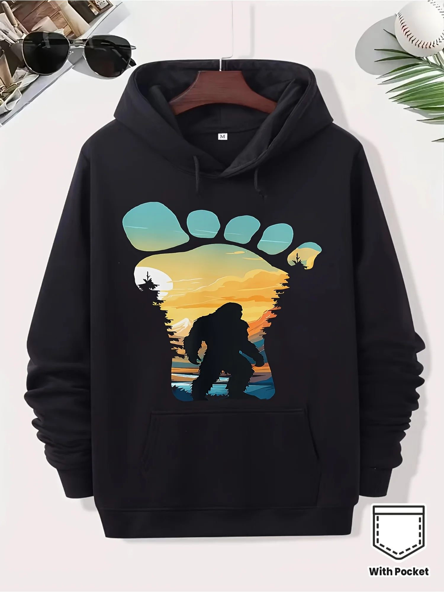 Men's & Women's Graphic Hoodie - Classic Black Cotton Blend Pullover with Kangaroo Pocket, Sasquatch/ Footprint & Forest Print, Casual Game Day & Cryptozoology-Themed Apparel, Comfortable Fit Hooded Sweatshirt