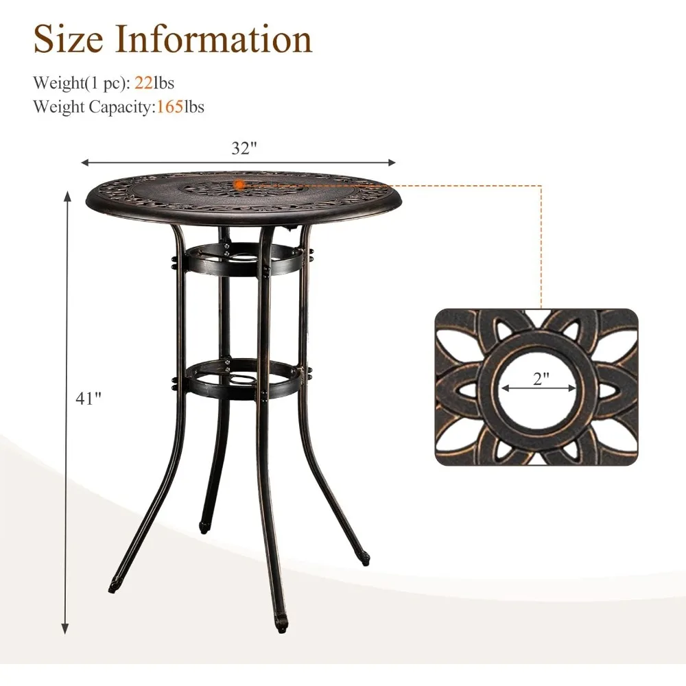 Steht isch, Aluminium guss Bar Höhe Terrassen tisch Regenschirm Loch Terrasse Esstisch, hoher Tisch im Freien Bistro 32 "Durchmesser x 41 h