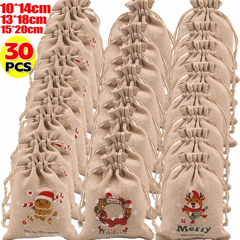 30/1PCS Christmas Linen Drawstring Bags Candy Gift Bag Storage Biscuits Pouchs Xmas Tree Hanging Bag New Year Party Package Sack