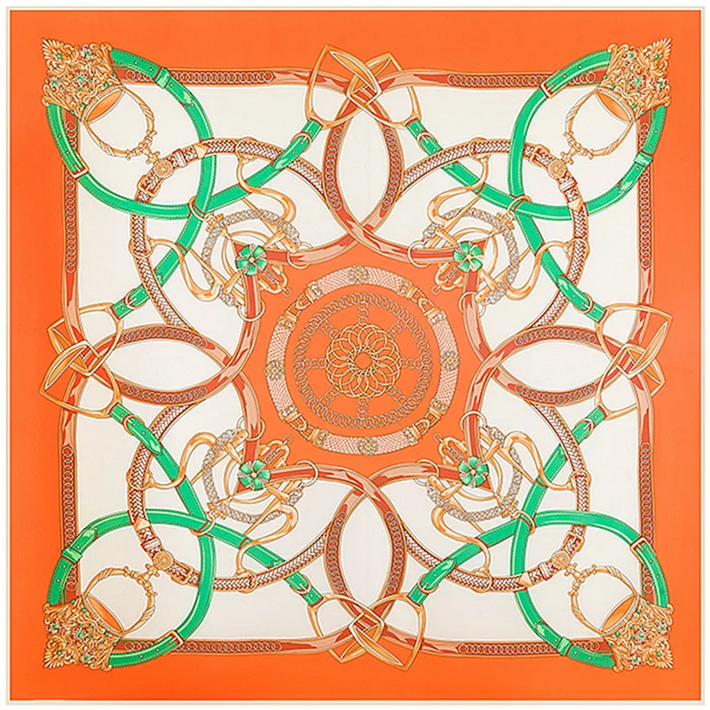 130cm*130cm 2024 Luxury Brand Chain Print Silk Scarf For Women Headband,New Hijab Twill Large Square Scarf Shawl Female Wraps
