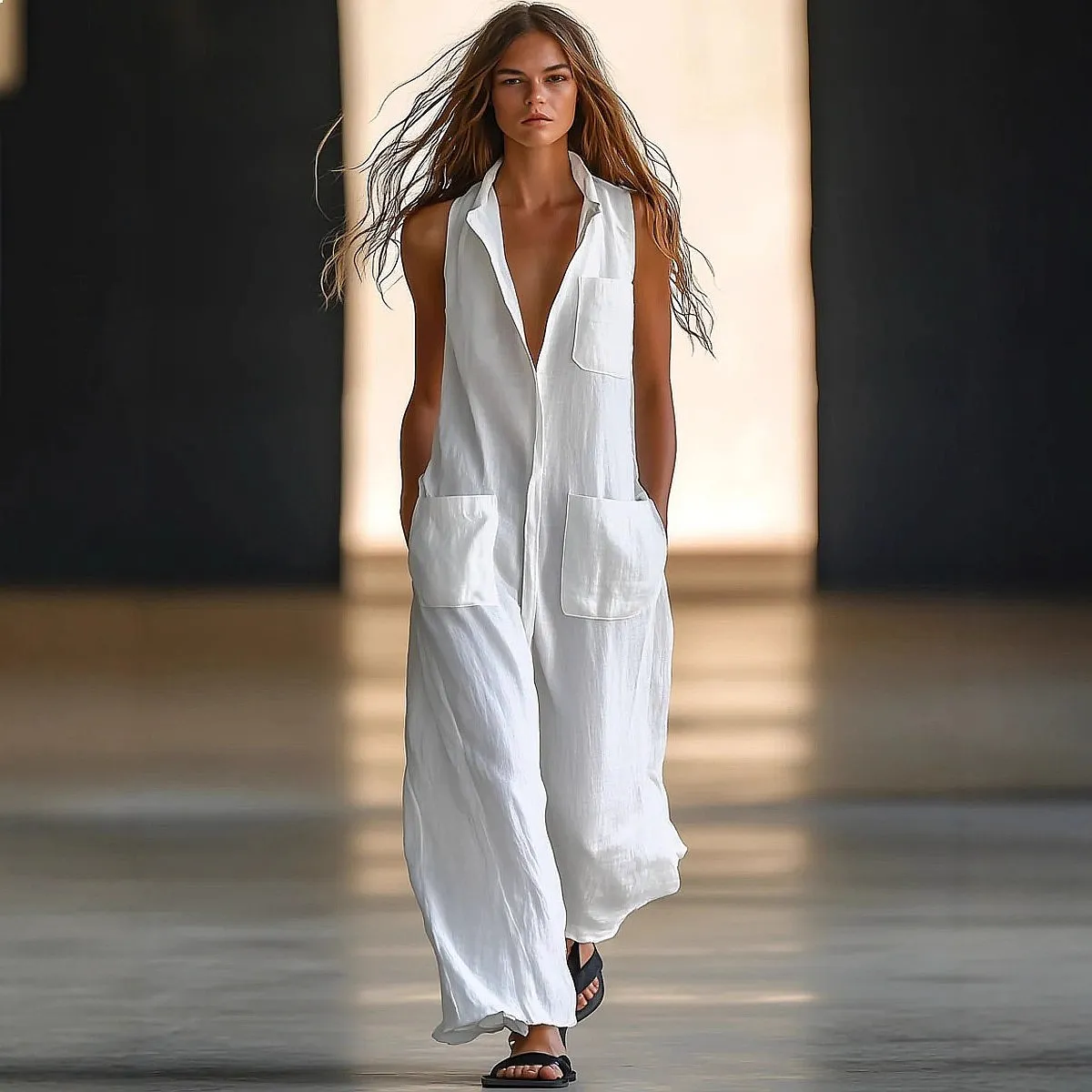 

Plus Size Casual Sleeveless Jumpsuit Overall Playsuit Spring Summer Loose Fit Long Pants Matching Set