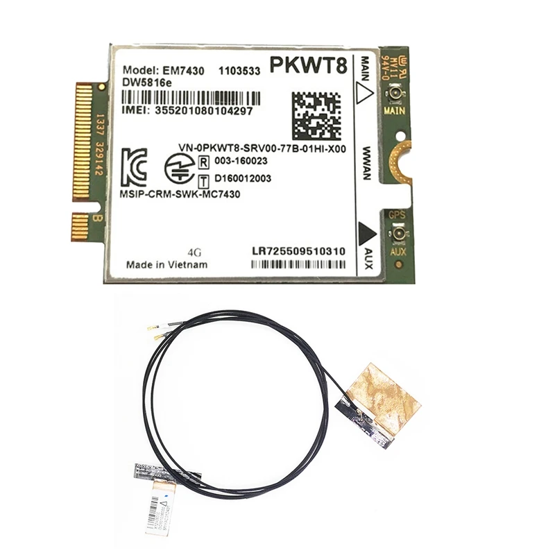 

Модуль EM7430 DW5816E 4G LTE + 2-антенна GOBI6000, запчасти для Dell Latitude 7280 7285 7290 7389 7390 7480 E7470 Cat6 DW5811E