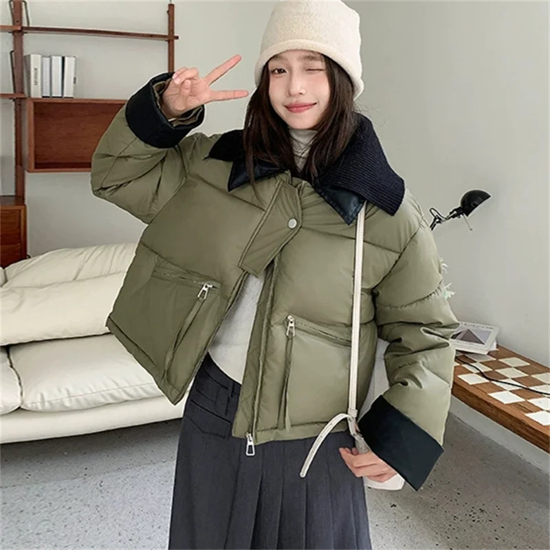

Knitted Collar Short Down Cotton Jacket Women Winter Coat Thickened PU Leather Splicing Cotton Padded Jacket Female Outerwear