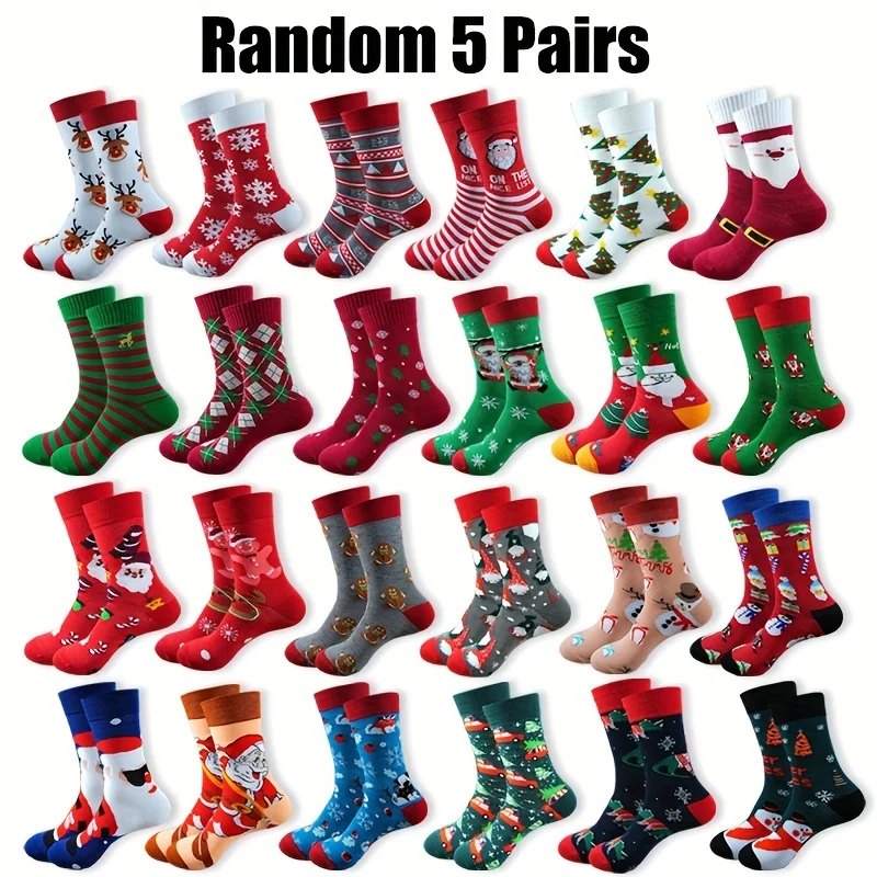 

5 Pairs of Random New Christmas Cute Cartoon Gift Socks for Men and Women in Winter Soft and Comfortable Couple Mid Tube Socks