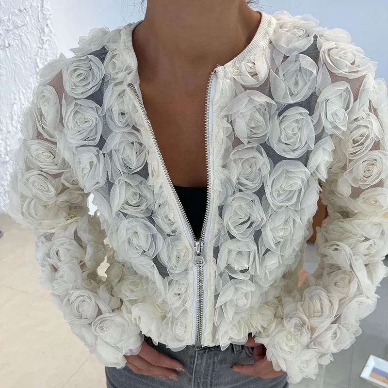 

TARUXY Fashion 3D Flower Sexy Jacket Coat For Women Mesh See Through Patchwork Long Sleeve Jacket Zipper Fashion Female Outwear