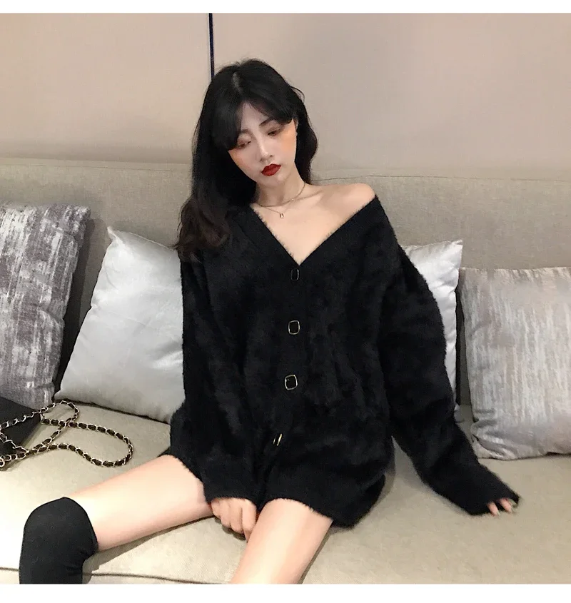 Korean Fashion Women Loose V Neck Mid Long Cardigan New Outerwear Large Sweater Black Red Wine Women's Coat Knitwears Female