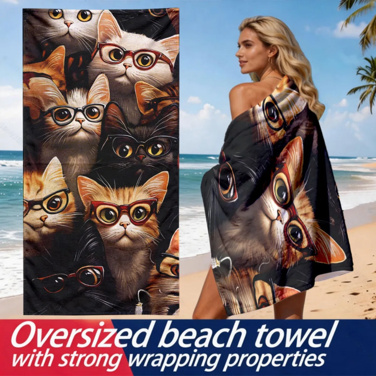 Group portrait of cats wearing glasses polyester microfiber beach towel is highly absorbent, suitable swimming and beach outings