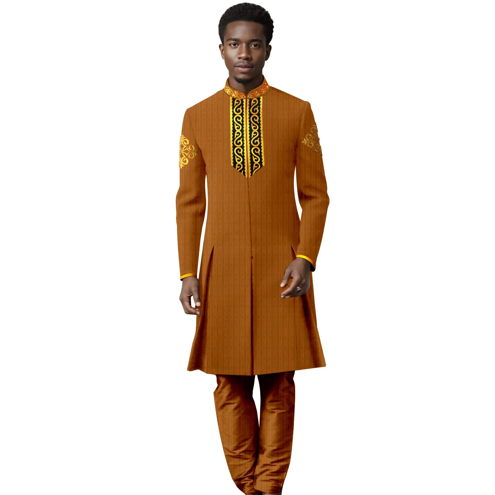 New Suits Indian Wedding Men Suit Set Tailor-made Slim Fit Best Man Groom Dress Tuxedo Prom Dinner Gold Robe Blazer Pants 2Pcs