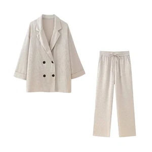 TRAF-سترة بليزر فضفاضة مزدوجة الصدر وبنطال عريض للساق بخصر مرتفع مطاطي ، أطقم نسائية من قطعتين ، أزياء أفضل 12 بدلة رياضية للنساء عشاري مبيعات - No8