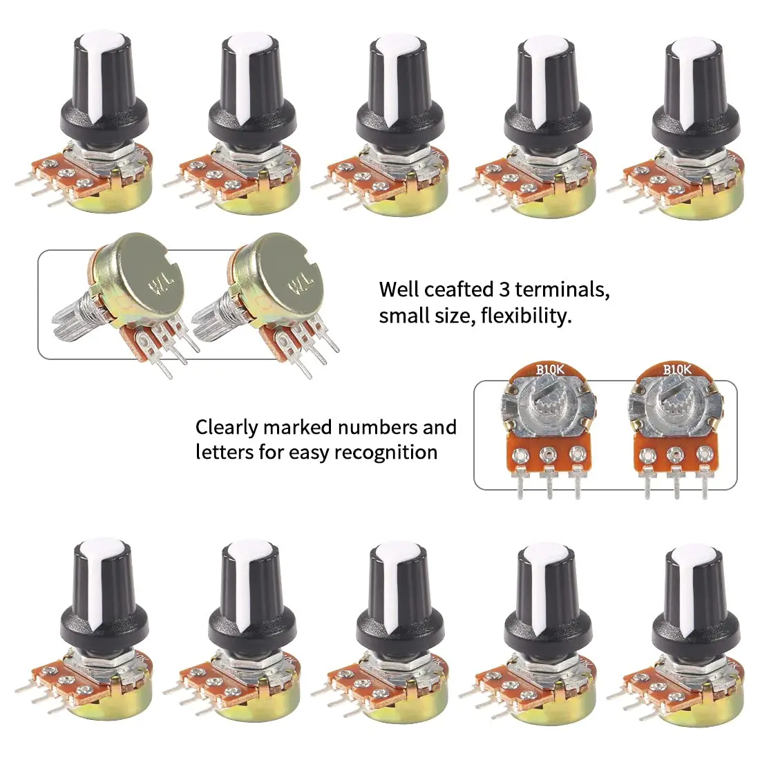 10PCS Potentiometer Single Linear Taper Rotary Pot Variable Resistor Adjustable Resistance Speed Regulator Dimmer with Knobs