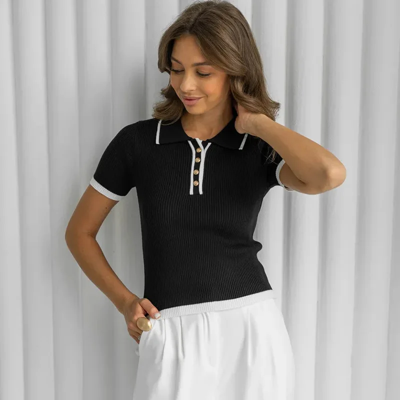 

Ticketsx Women Ribbed Knit Top Lapel Contrast Patchwork Button Short Sleeve Slim Knit Sweater Fashion Casual Commuter Pullovers