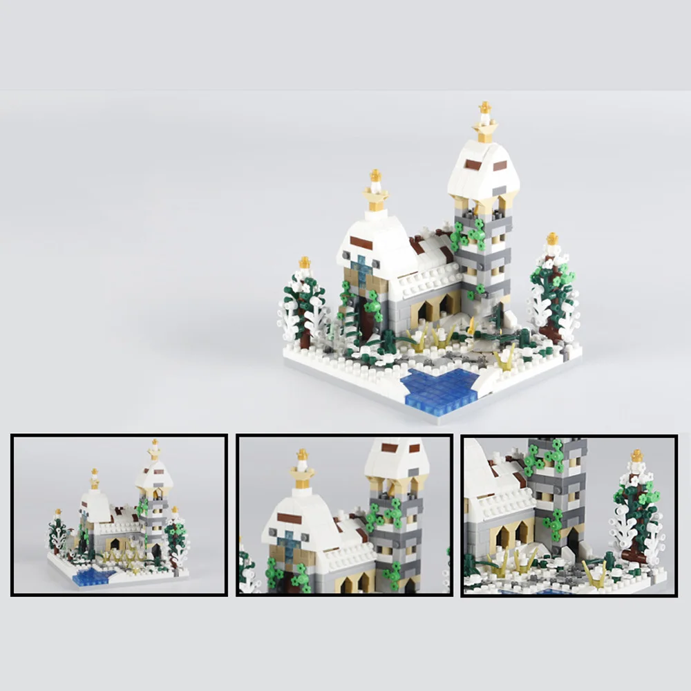 Creative Street View micro diamond Block Winter Snow View Church Assemble Model Building Brick Figure Educational Toy nanobricks