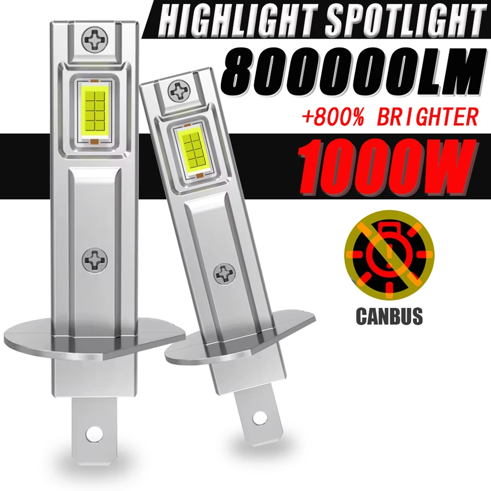 H1 LED 헤드라이트 전구 (자동차용 캔버스, 고출력 자동차 라이트, 800000LM, 1000W, 미니 사이즈, 포커스 자동차 헤드램프, 안개등, 12V 24V)