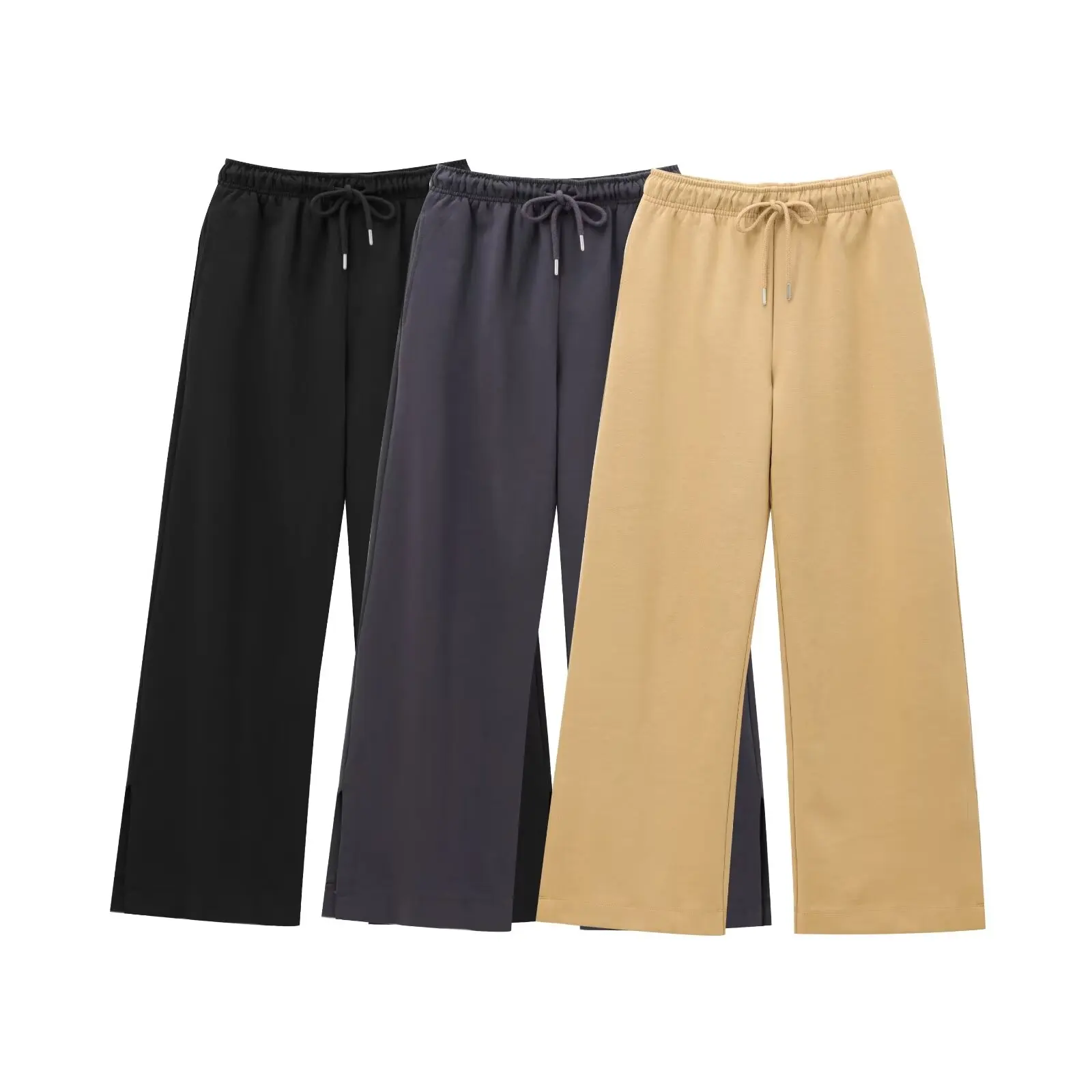 TRAFZA Autumn Woman Slit Hem Drawstring Wide Leg Pants 2024 Women High Waist Side Pockets Casual Trousers Three-Color Mujer