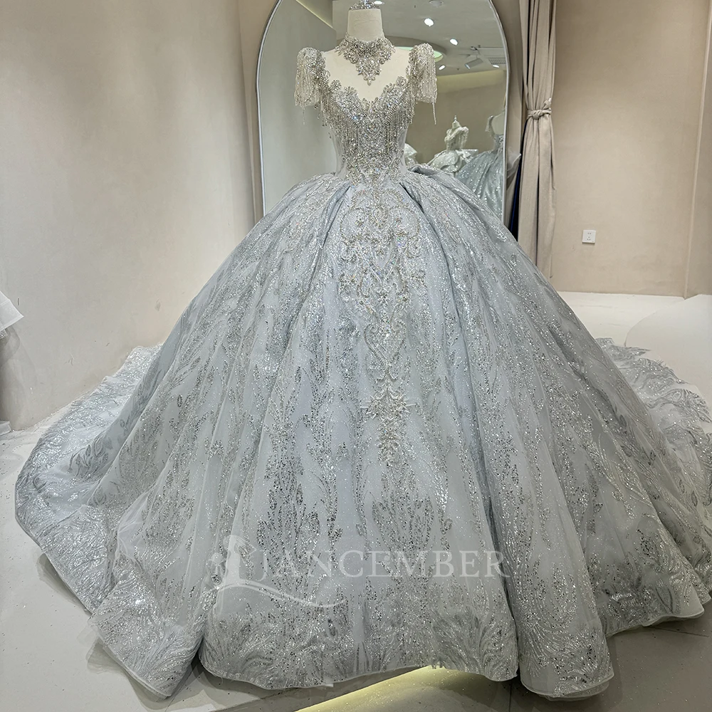 ヴィンテージウェディングドレス スパンコール ブライダルボールガウン Oネック 半袖 カスタマイズされたプリンセス花嫁ドレス Vestidos De Novia