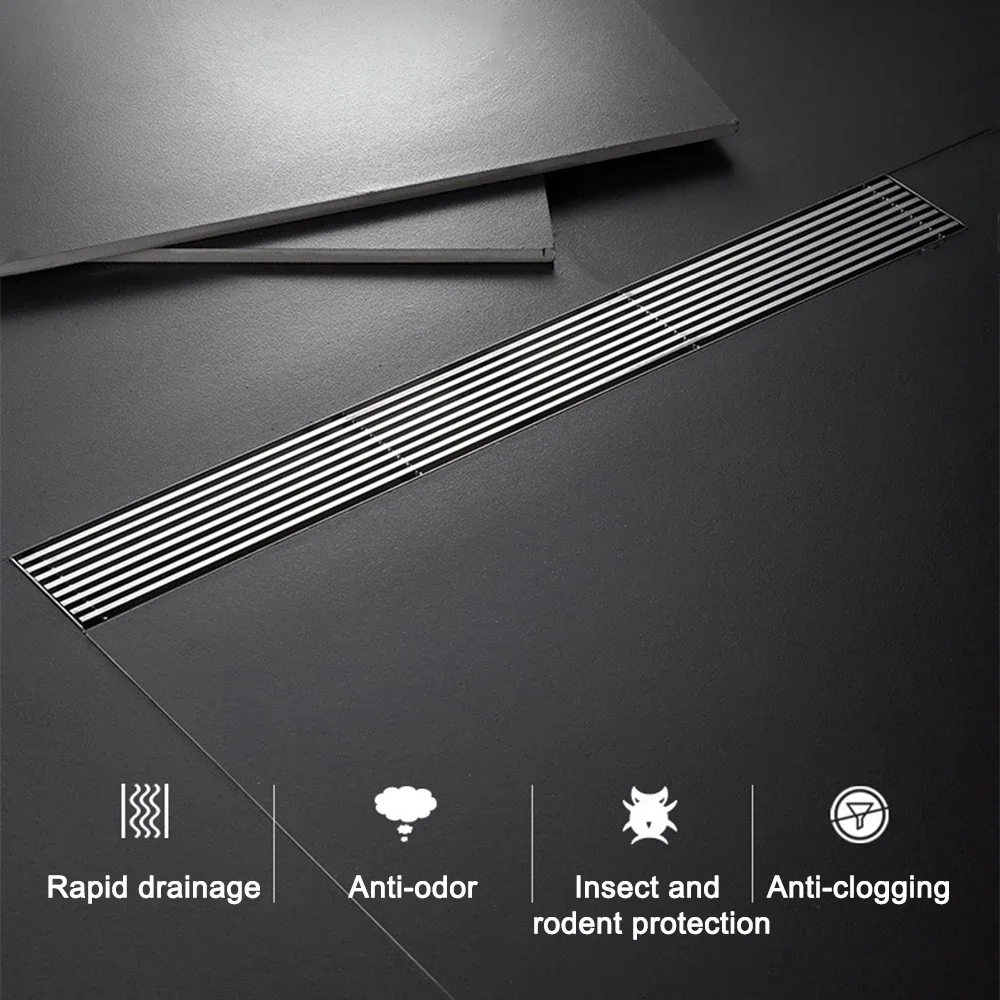 

20-100cm Rectangle Linear Floor Drain Stainless Steel Bathroom Shower Anti-Odor Floor Drain Large Displacement Waste Drain