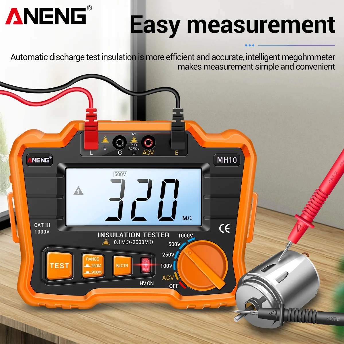 ANENG MH10 Digital Insulation Resistance Tester 100-1000V DC 0.1-1999MΩ CAT IV 600V, Auto Discharge, HV Warning & Built-in AC