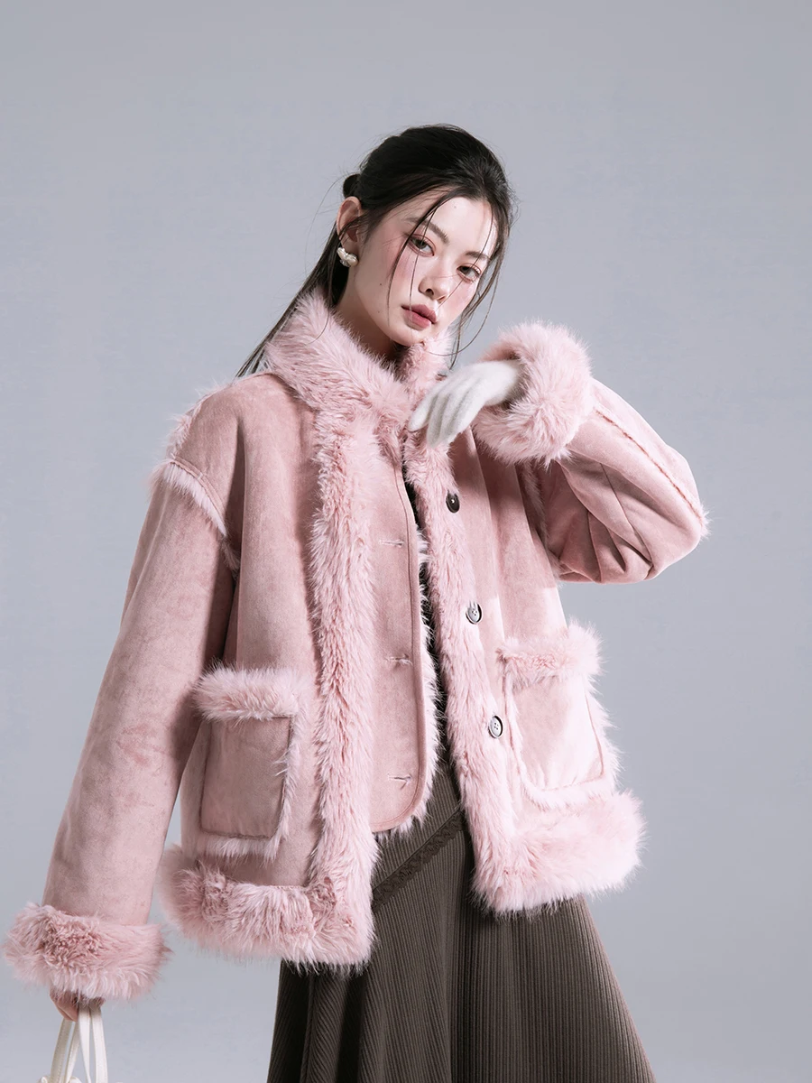 

COTRE Gabrielle Ice Flower Rubber Poer Two-Way Wear Small Stand Collar Fur Leather Inteated Outerwear Original Design Loo...