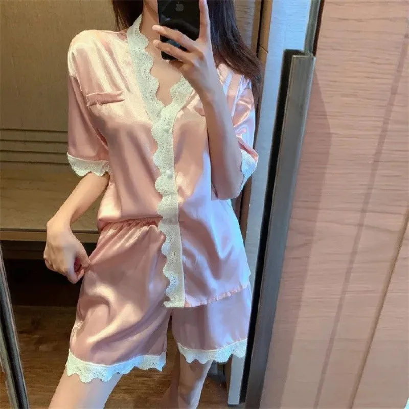 Women\'s Pajamas Sets Spring Autumn 2 Piece Solid Buttons Pyjama Faux Silk Satin Sleepwear Short Sleeve Pijama Mujer Pjs Homewear