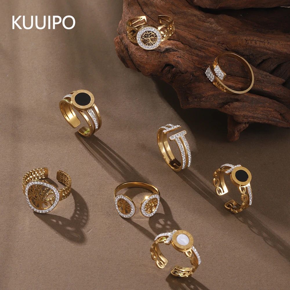 Fashion Geometric Open Stainless Steel Ring for Women Accessories Inlaid Rhinestone Gold Color Ring Daily Party Jewelry Gift