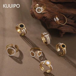Fashion Geometric Open Stainless Steel Ring for Women Accessories Inlaid Rhinestone Gold Color Ring Daily Party Jewelry Gift