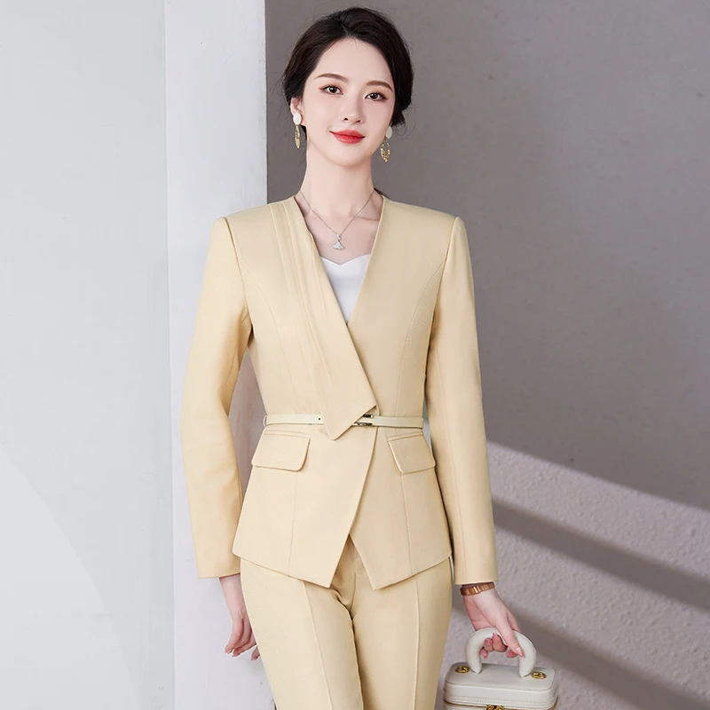 ZJYT Elegant Chic Women\'s Blazer Pant 2 Piece Matching Set Autumn Korean Fashion Jacket Trousers Office Lady Work Outfit Yellow