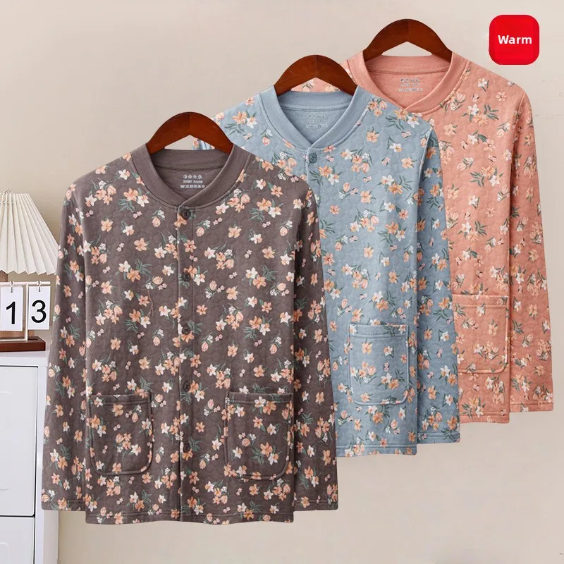 Warm Cotton Sweater Vest Set for Women Middle-Aged And Elderly Home Wear Pure Cotton Floral Patterned Three-Layer Insulation