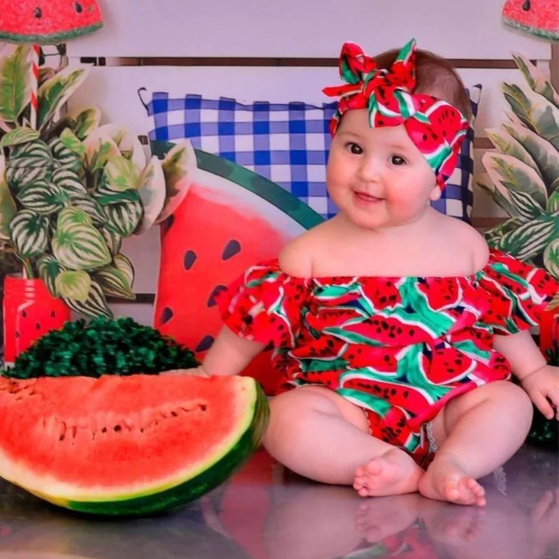 Baby Mädchen Rosa Wassermelonen-Print Strampler Säugling Rüschen-Body mit Stirnband Neugeborenen Rotes Wassermelonen-Karnevalskostüm – Detail 13