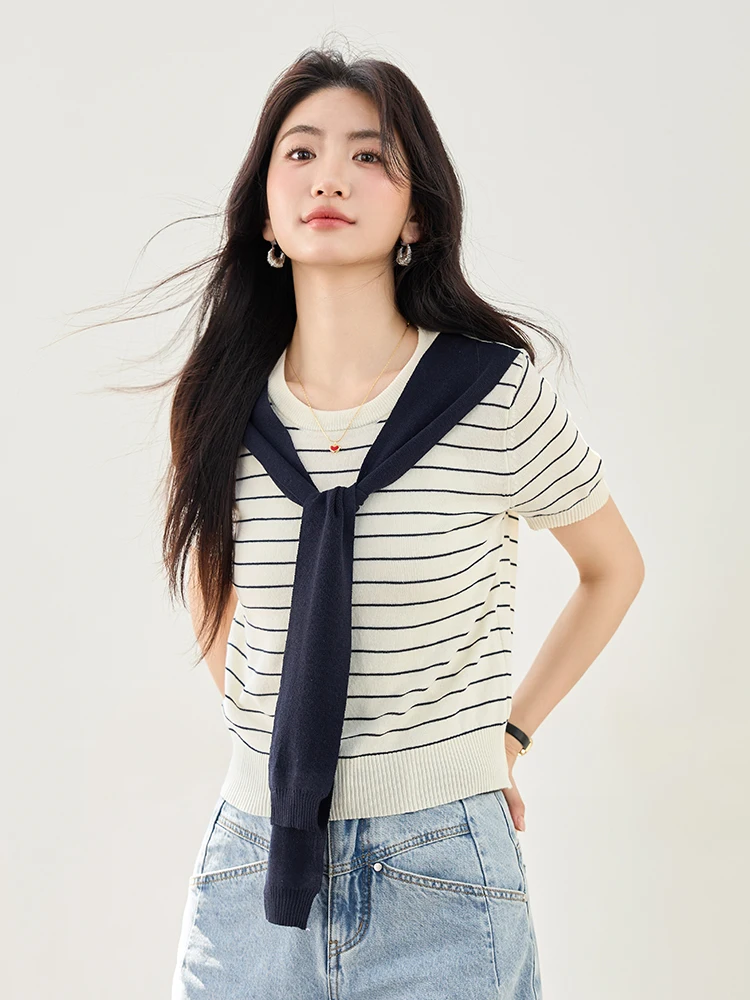 韓国製スレアイスシルクニット、オルトスヴェアール、レディースサマーベース、イートフェイクツーピースセット、カジュアルルーズフィットストライプトップ