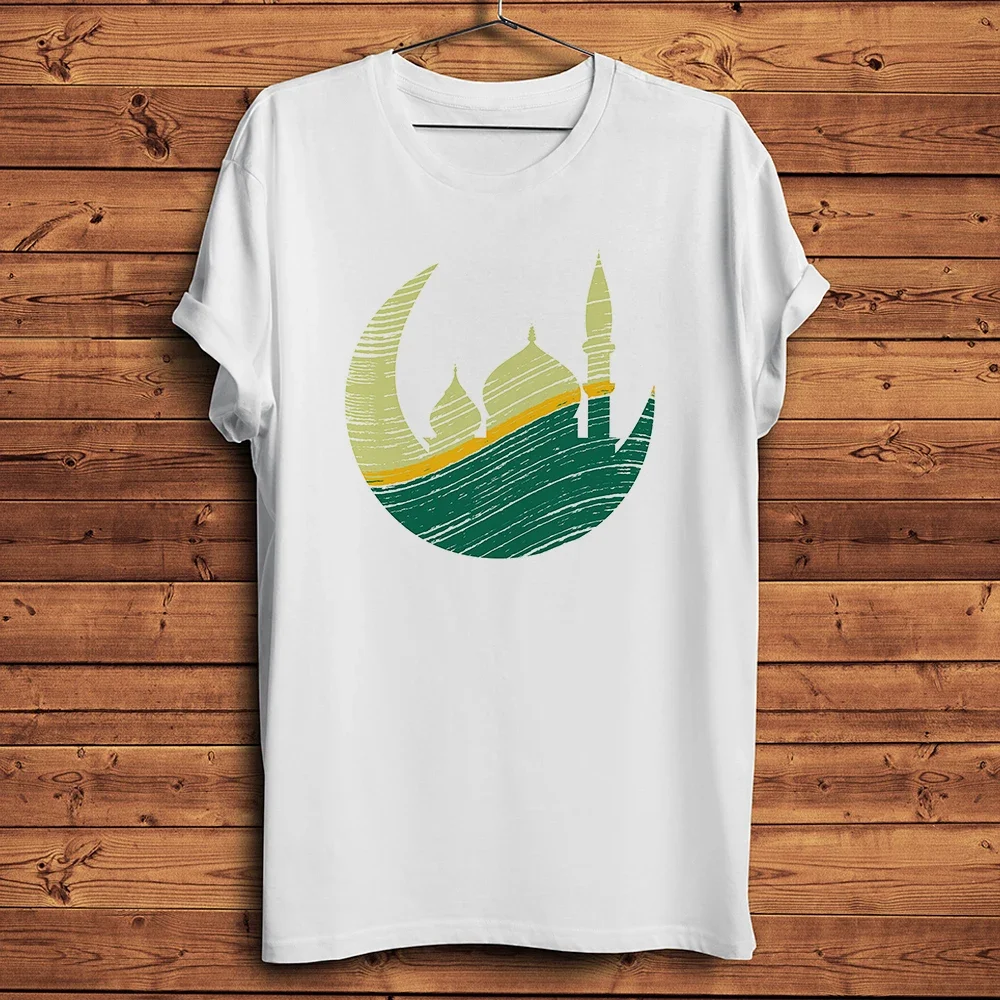 The Crescent Moon with Mosque Silhouette Design T-shirt,Men Short Sleeve White Casual,Islamism Ramadan Unisex T Shirt