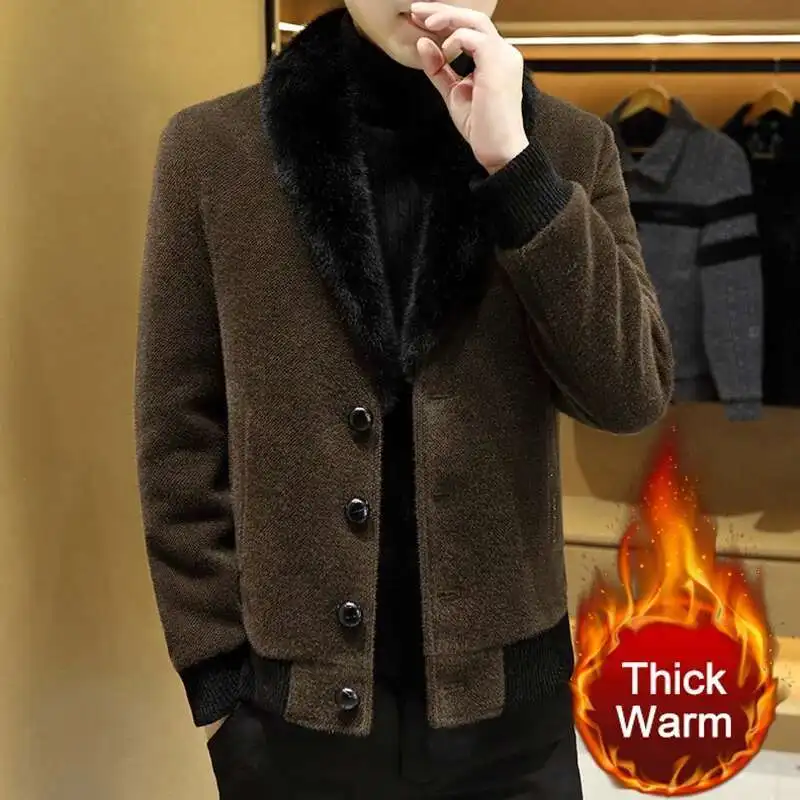 Winter Style Plush Thick Golden Mink Jacket Long Slim Woolen Coat Jacket Casual Social Overcoat Windbreaker Men Jackets Clothing