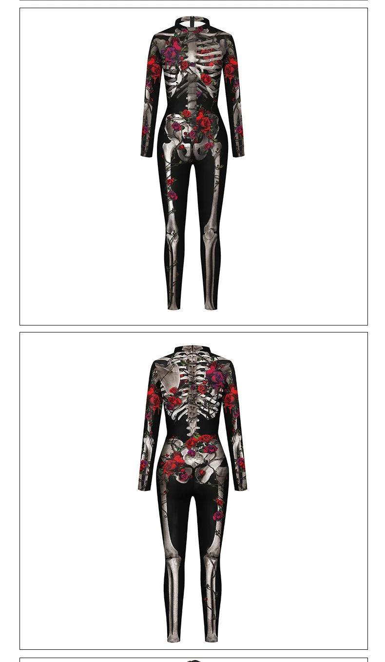 Halloween Skelett-Rosen-Druck Jumpsuit für Frauen, The Dead Cosplay Bodysuit, Sexy Zentai-Anzug, Karnevalsparty Bühnen-Morphsuit Neu – Detail 7