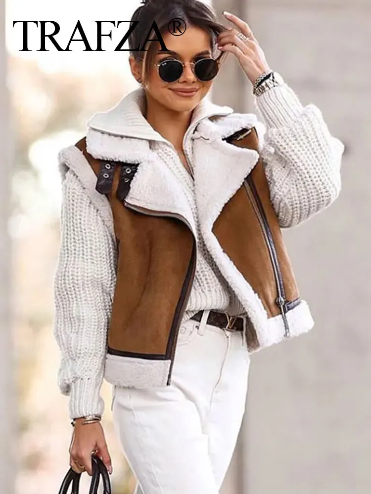 TRAFZA Winter Women Fashion Plus Velvet Vest Khaki Lapel Zipper Fly Cardigan Coat Female Pockets Wild Basic Woman Waistcoat Top