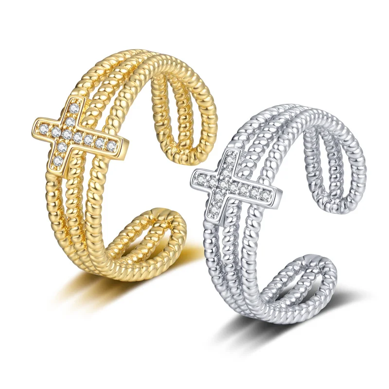 Cute Hollow Out Three Layer Geometric Ring Elegant Shinning Cross Zircon Finger Rings Fashion Women  Wedding Party Jewelry Gifts