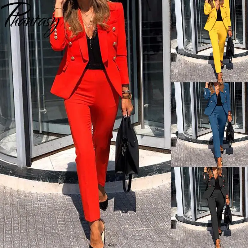 

Phantasy Elegant Long Sleeve Two-Piece Suit Coat Women Slim Button Fashion Casual Suit Female Pockets Minimalist Commuter Coat