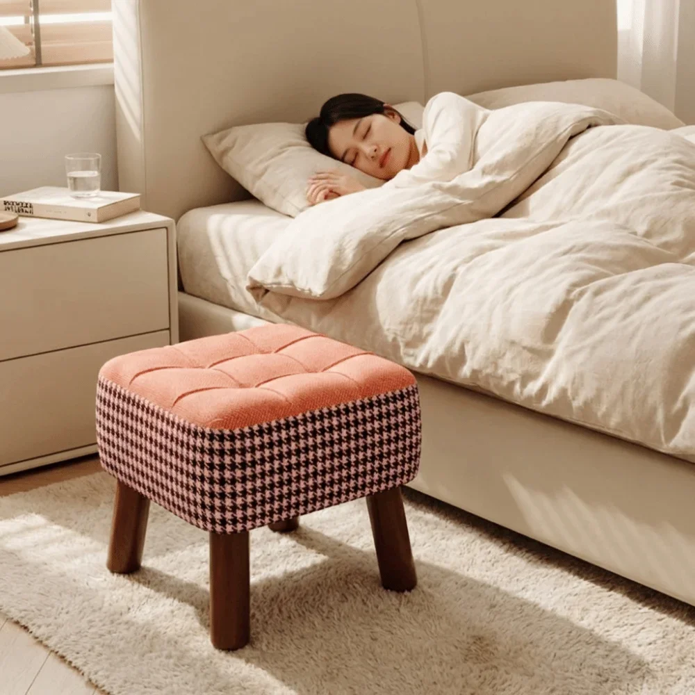 

Soft Upholstered Seat Low Stool Compact Design Lightweight Soft Pack Stool Sturdy Wooden Legs High-End Look Cream Style Ottoman
