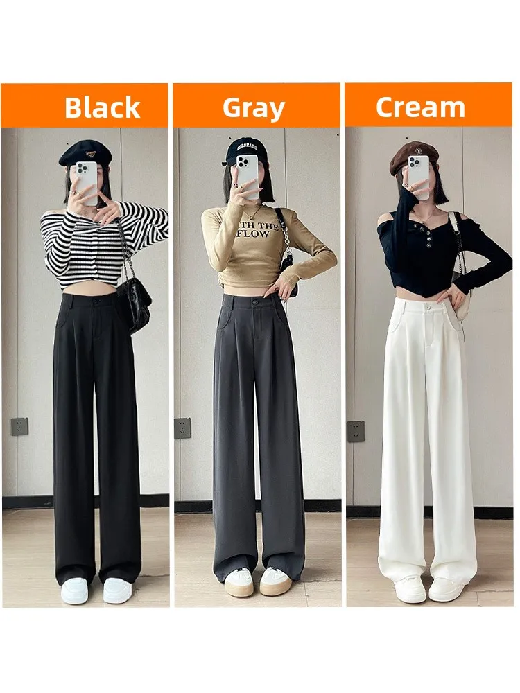 Ice Silk Wide Leg Pants Women's 2026 New Summer Thin High Waist Draped Slim Straight High-End Black Suit Pants Casual Trousers