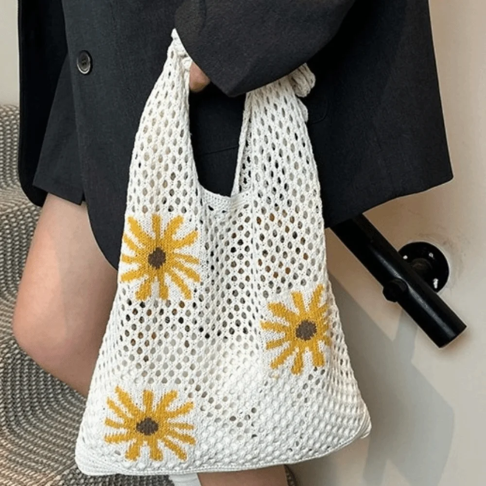 Travel Retro Crochet Tote Bag Flowers Pattern Simple Beach Knitting Bag Eco-Friendly Large Capacity Hollow Shoulder Bag Office