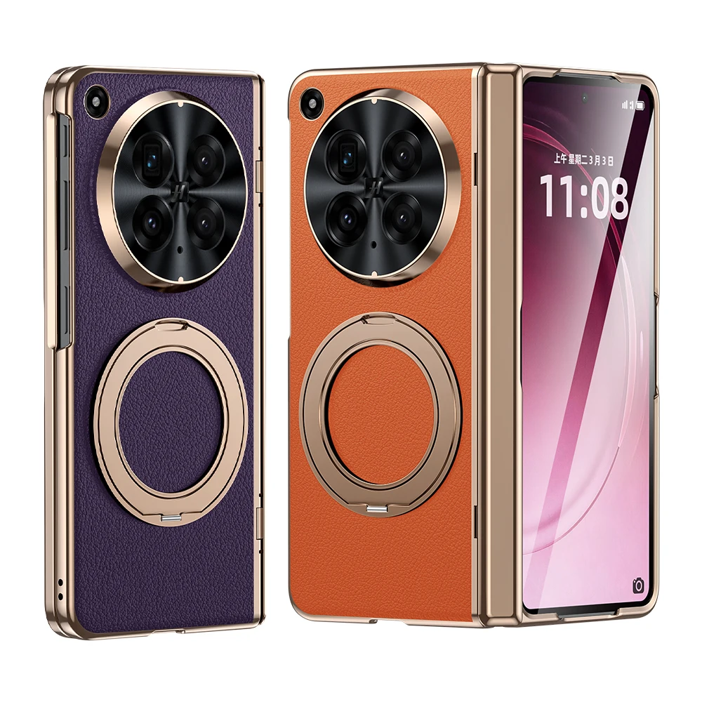 For OPPO Find N6 Case Luxury Electroplated Matte Leather Magnetic Rotating Ring Holder Fold Hinge With Tempered Film Hard Cover