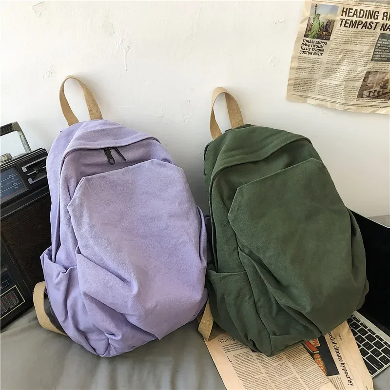 New Japanese Solid Colour Schoolbag Korean Student Canvas Backpack Large Capacity Double Shoulder Bag for Women Travel Backpack